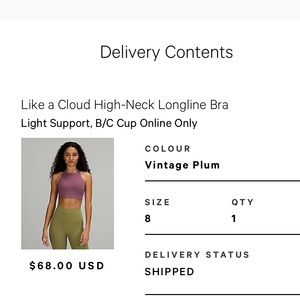 Lululemon purple high neck long line like a cloud bra size 8